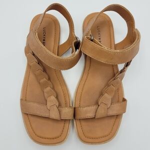 Lucky Brand Natany Ribbon Flat Leather Casual Comfy Sandal Latte Brown Women's 8